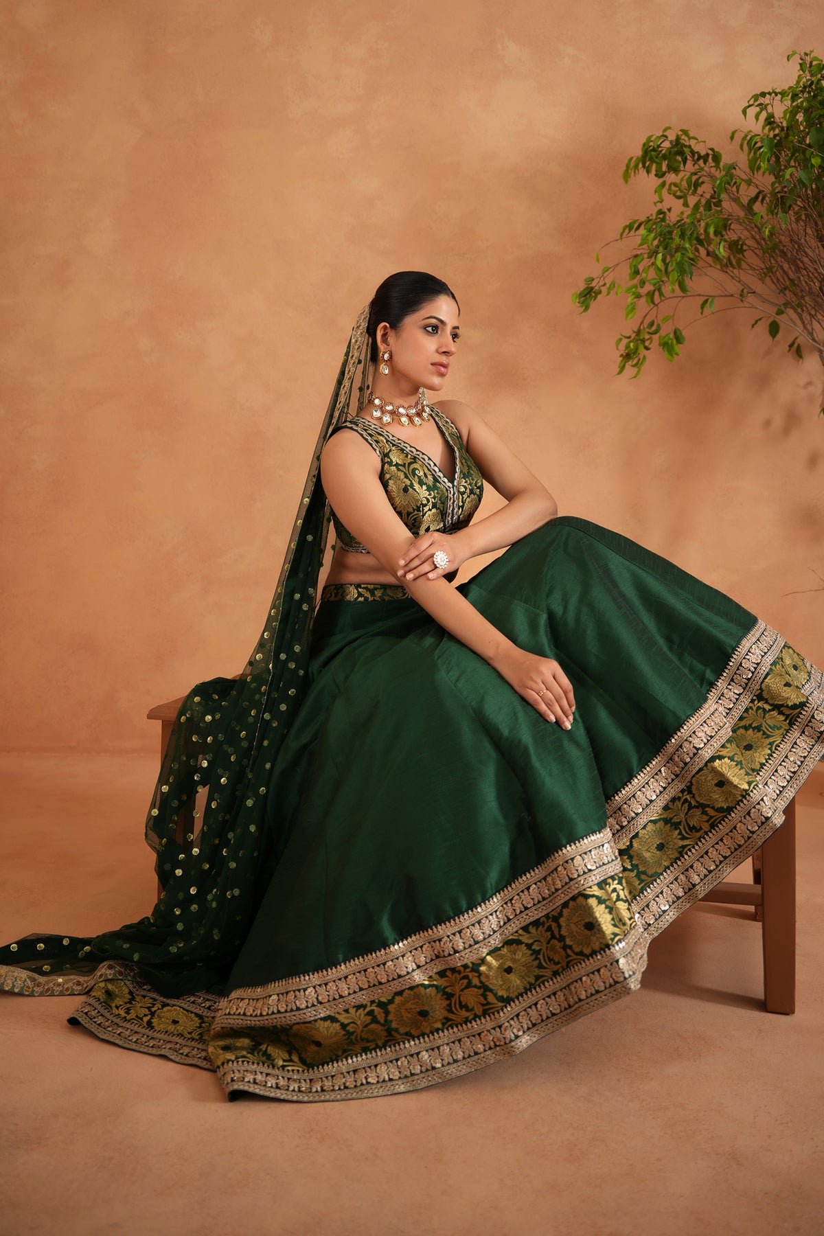 Bottle Green Brocade Blouse, Lehenga And Dupatta