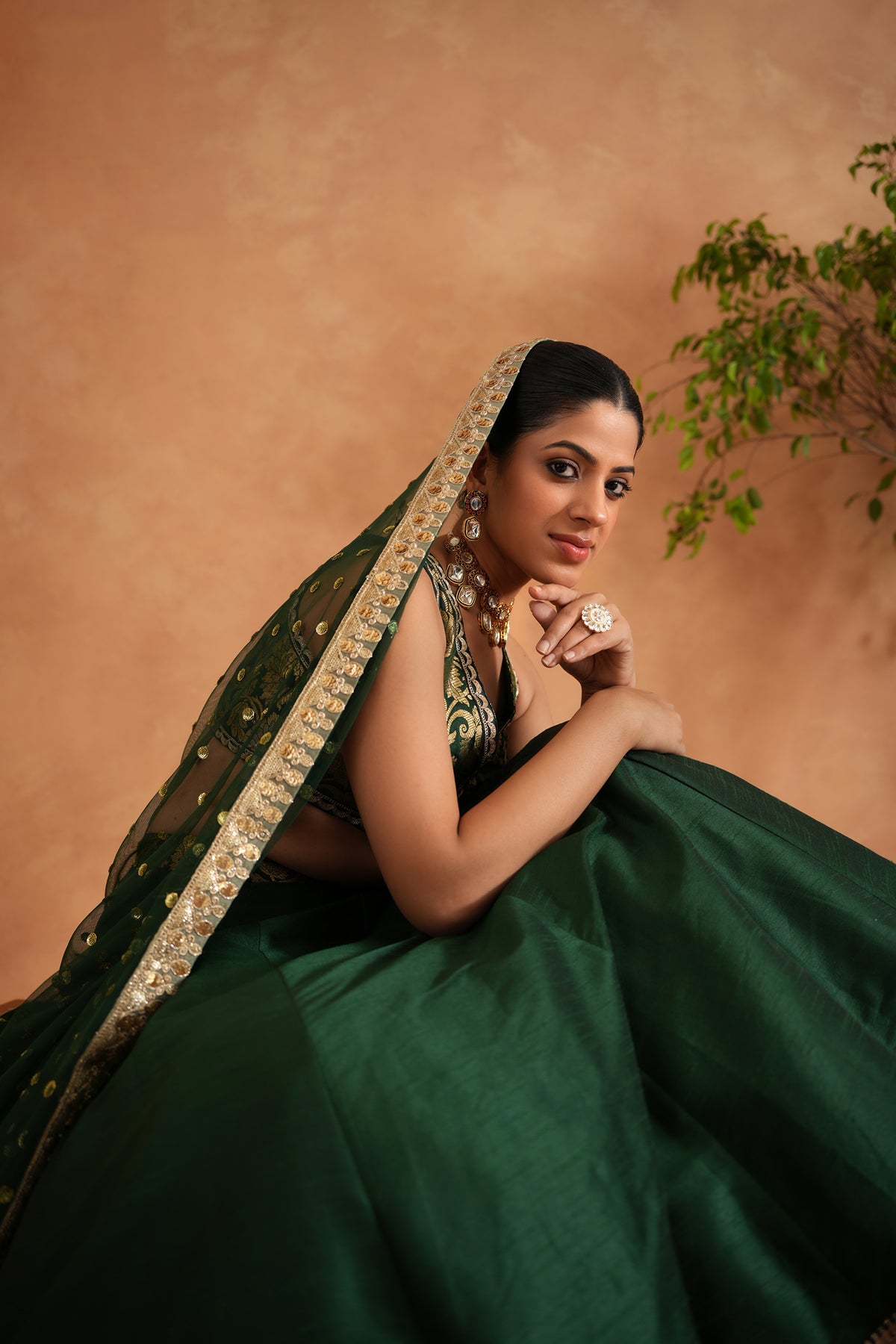 Bottle Green Brocade Blouse, Lehenga And Dupatta
