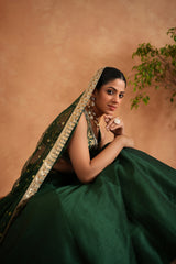 Bottle Green Brocade Blouse, Lehenga And Dupatta