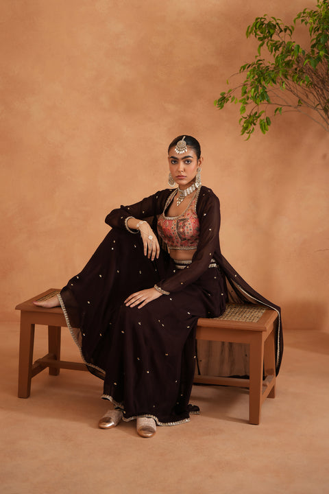 Printed Blouse, Sharara And Long Jacket