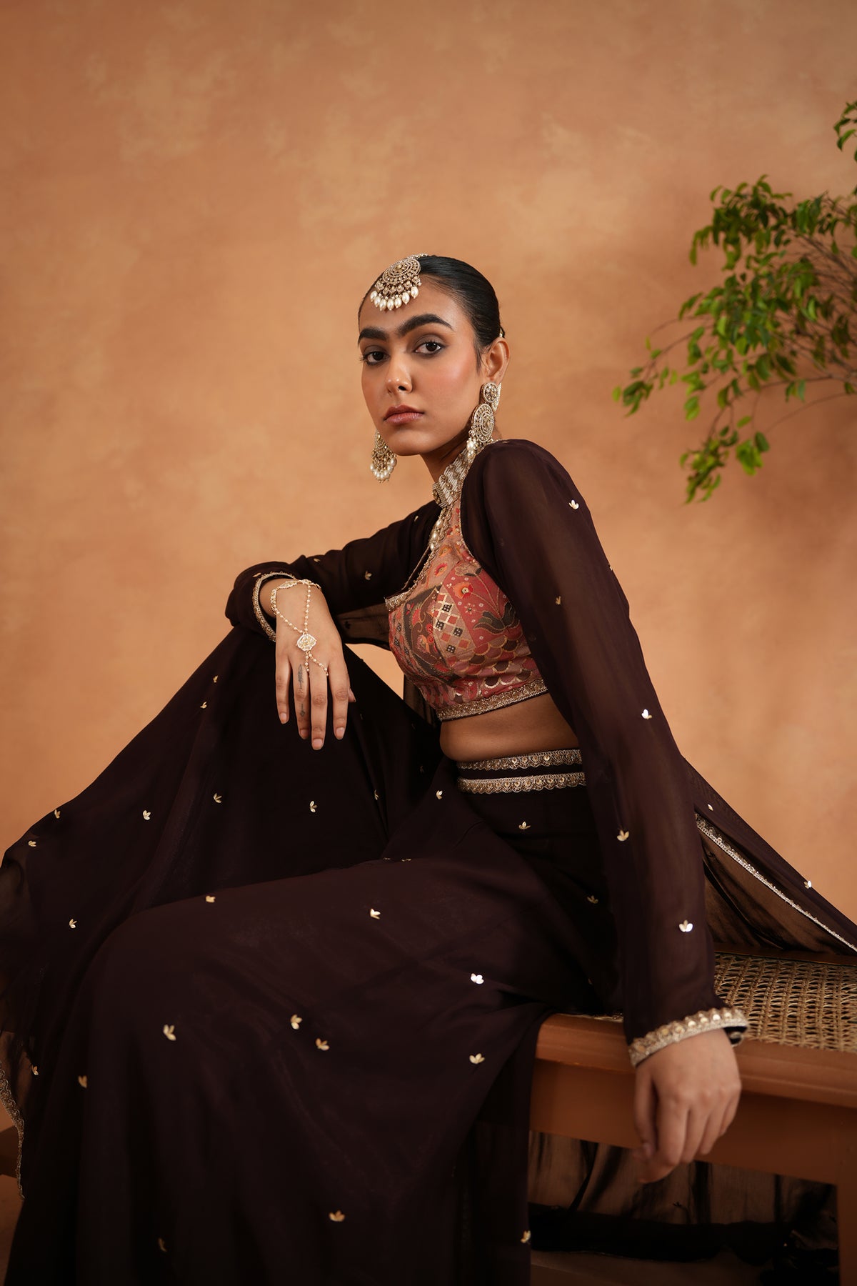Printed Blouse, Sharara And Long Jacket