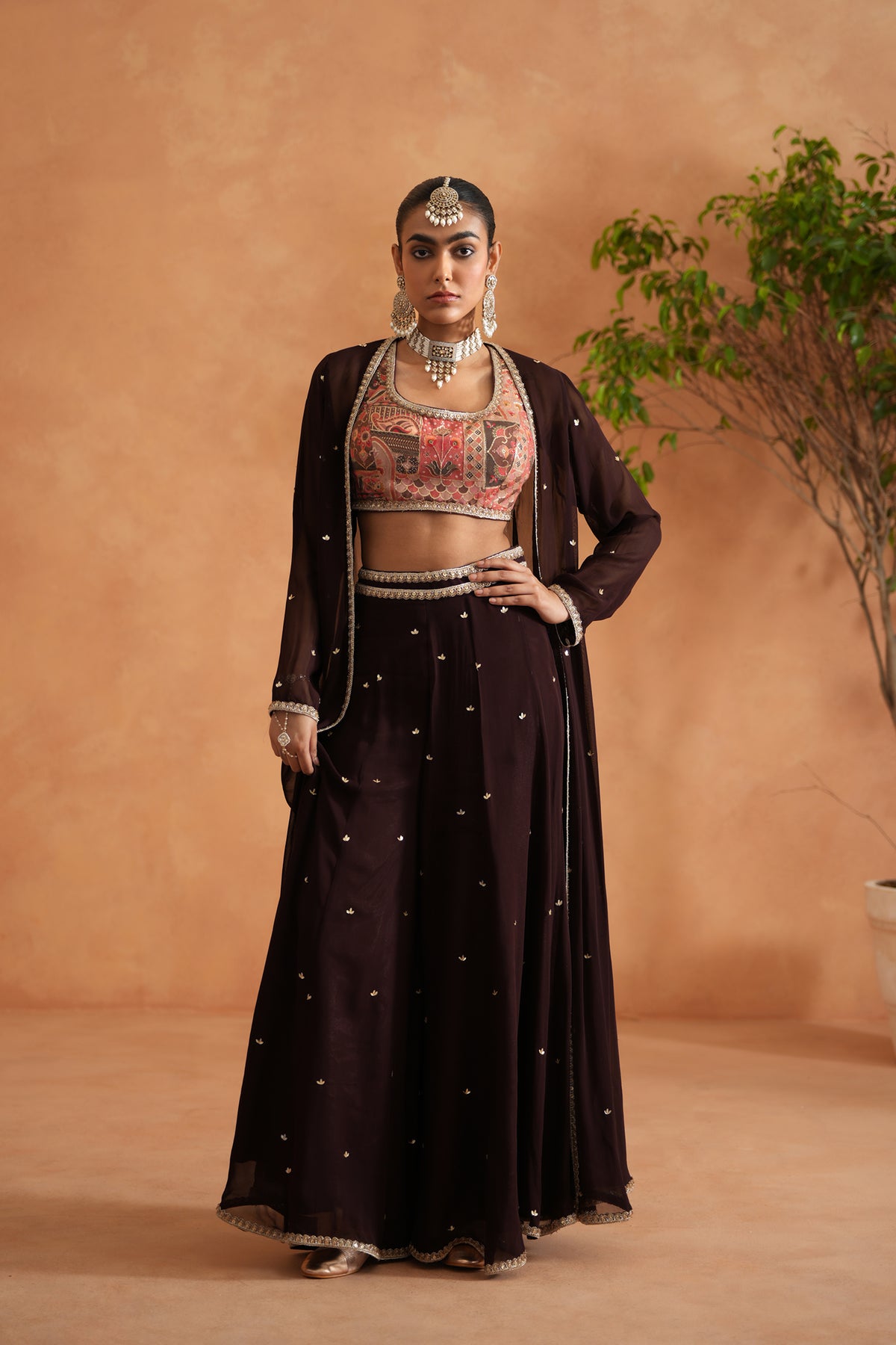 Printed Blouse, Sharara And Long Jacket