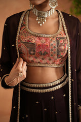 Printed Blouse, Sharara And Long Jacket