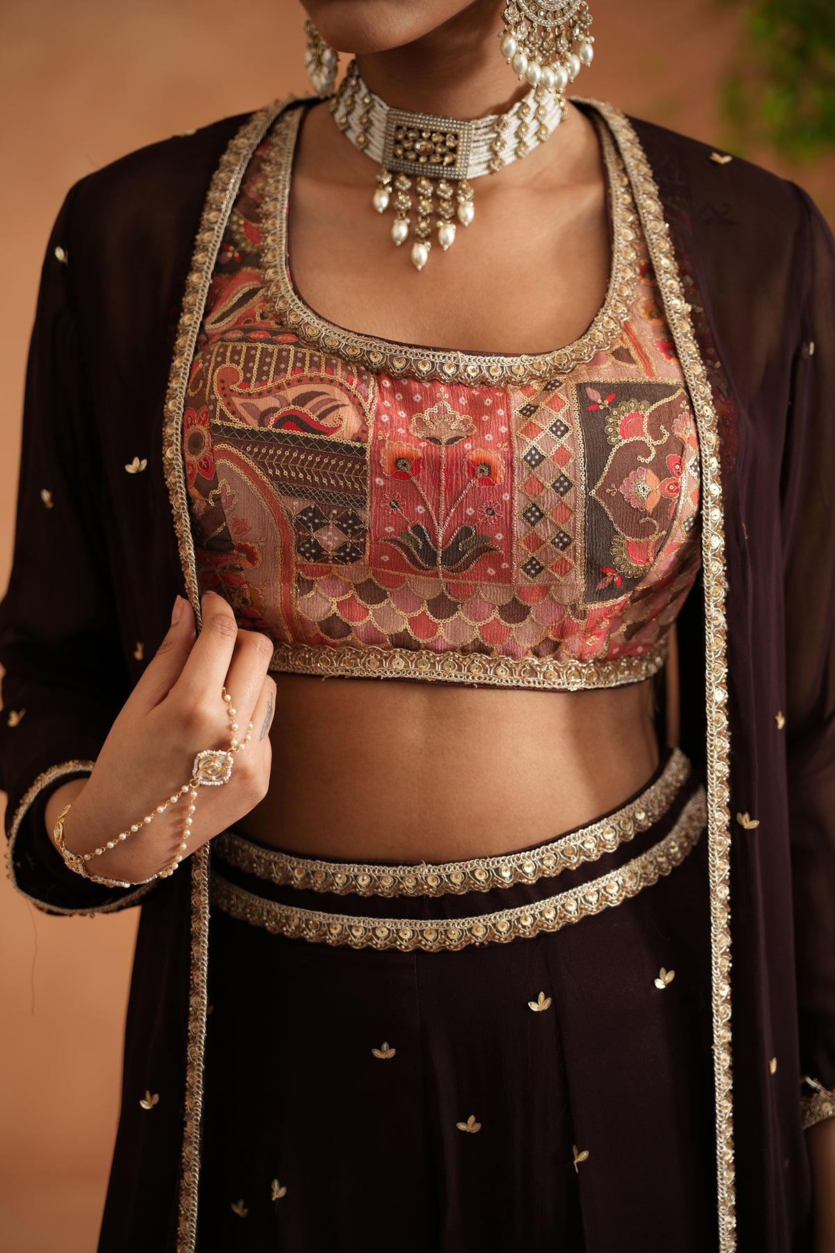 Printed Blouse, Sharara And Long Jacket