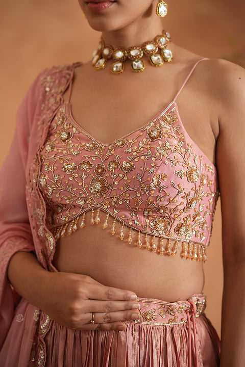 Pink Embroidered Blouse, Lehenga And Dupatta