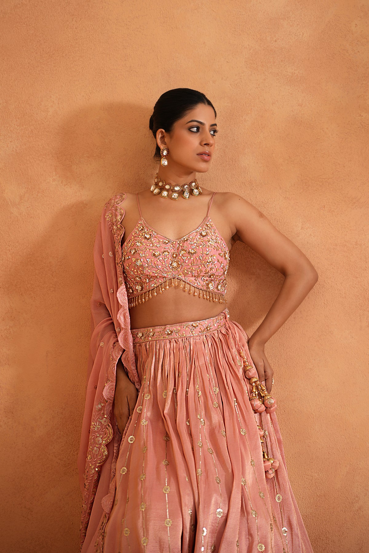 Pink Embroidered Blouse, Lehenga And Dupatta