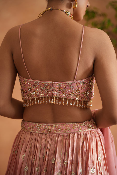 Pink Embroidered Blouse, Lehenga And Dupatta