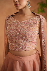Peach Embroidered Blouse, Lehenga And Dupatta