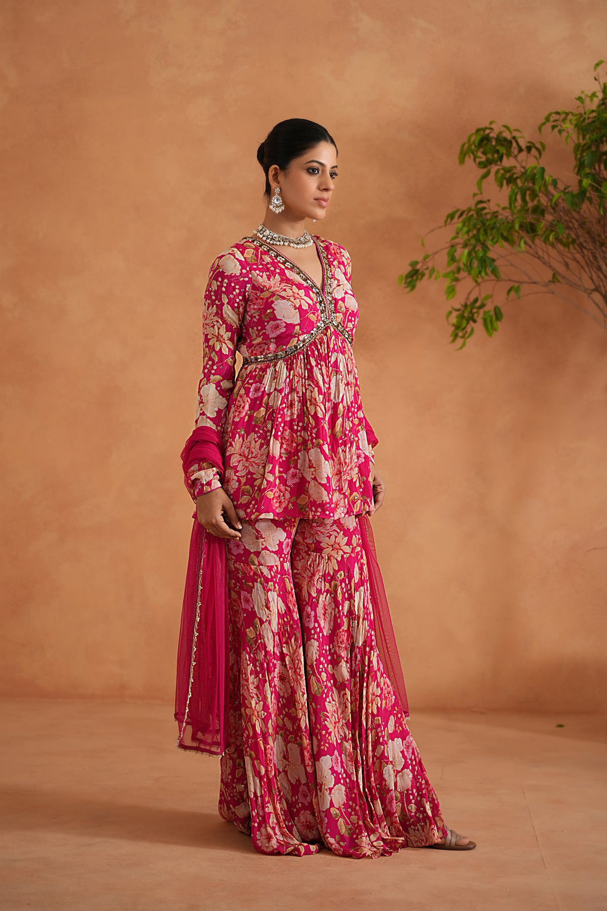 Fuchsia Embroidered Peplum Kurti, Garara And Dupatta