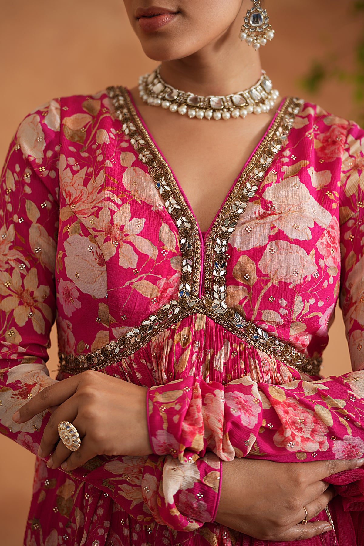 Fuchsia Embroidered Peplum Kurti, Garara And Dupatta