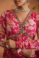 Fuchsia Embroidered Peplum Kurti, Garara And Dupatta
