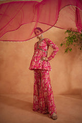 Fuchsia Embroidered Peplum Kurti, Garara And Dupatta