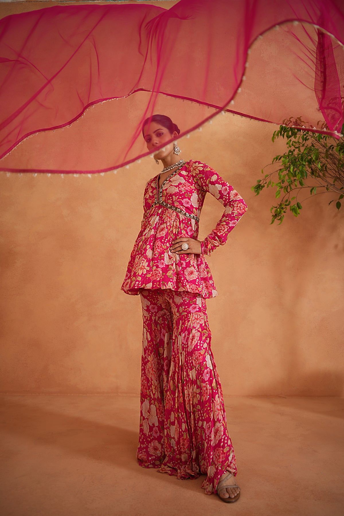 Fuchsia Embroidered Peplum Kurti, Garara And Dupatta