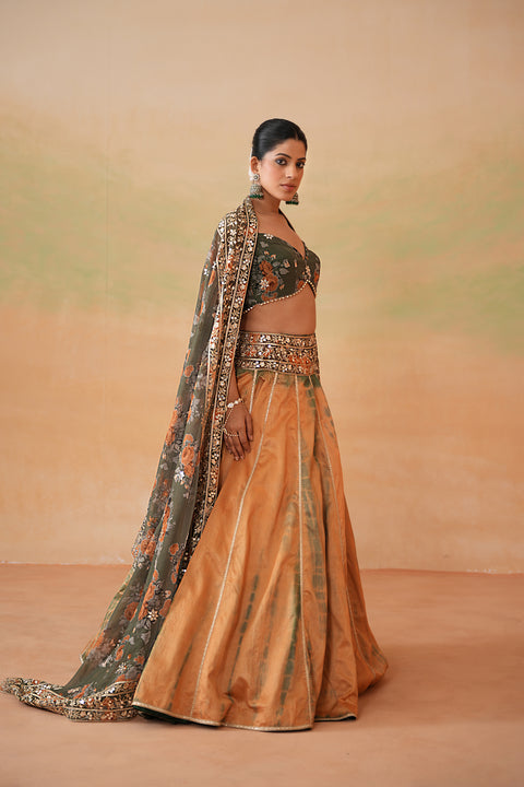 Olive Green Printed Blouse, Tie And Dye Lehenga And Printed Dupatta