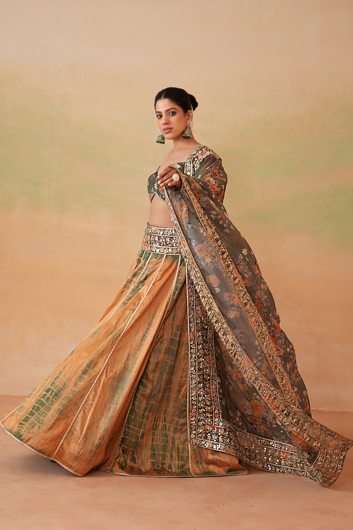 Olive Green Printed Blouse, Tie And Dye Lehenga And Printed Dupatta