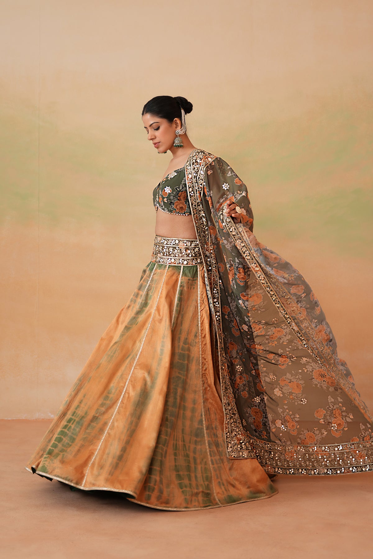 Olive Green Printed Blouse, Tie And Dye Lehenga And Printed Dupatta