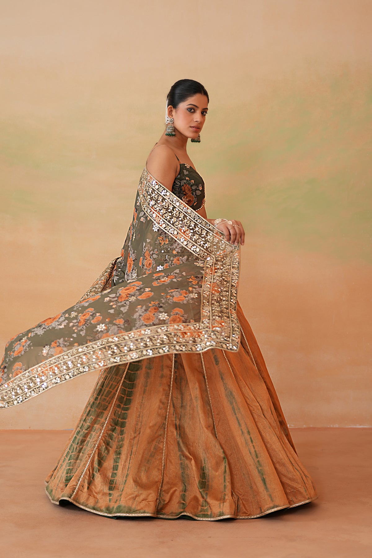 Olive Green Printed Blouse, Tie And Dye Lehenga And Printed Dupatta