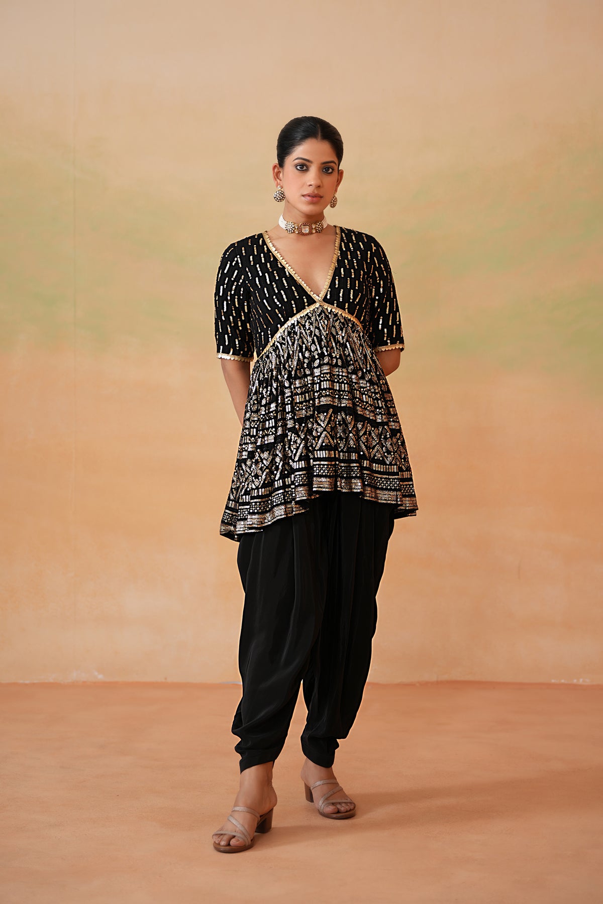 Black Embroidery Fabric Peplum Kurti, Dhoti Salwar And Dupatta