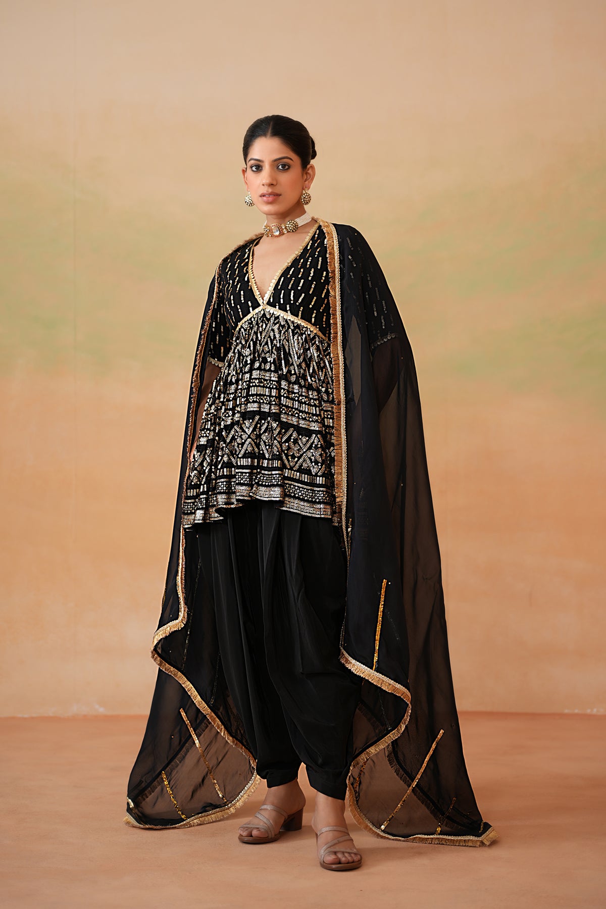 Black Embroidery Fabric Peplum Kurti, Dhoti Salwar And Dupatta