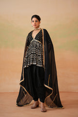Black Embroidery Fabric Peplum Kurti, Dhoti Salwar And Dupatta