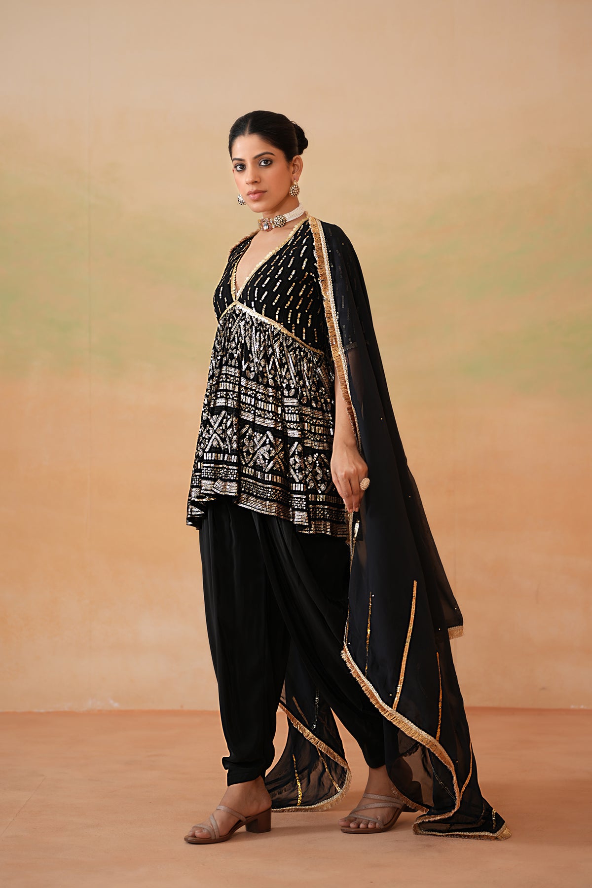 Black Embroidery Fabric Peplum Kurti, Dhoti Salwar And Dupatta