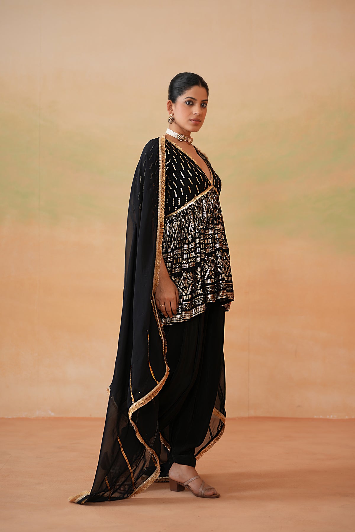 Black Embroidery Fabric Peplum Kurti, Dhoti Salwar And Dupatta