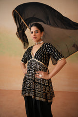 Black Embroidery Fabric Peplum Kurti, Dhoti Salwar And Dupatta