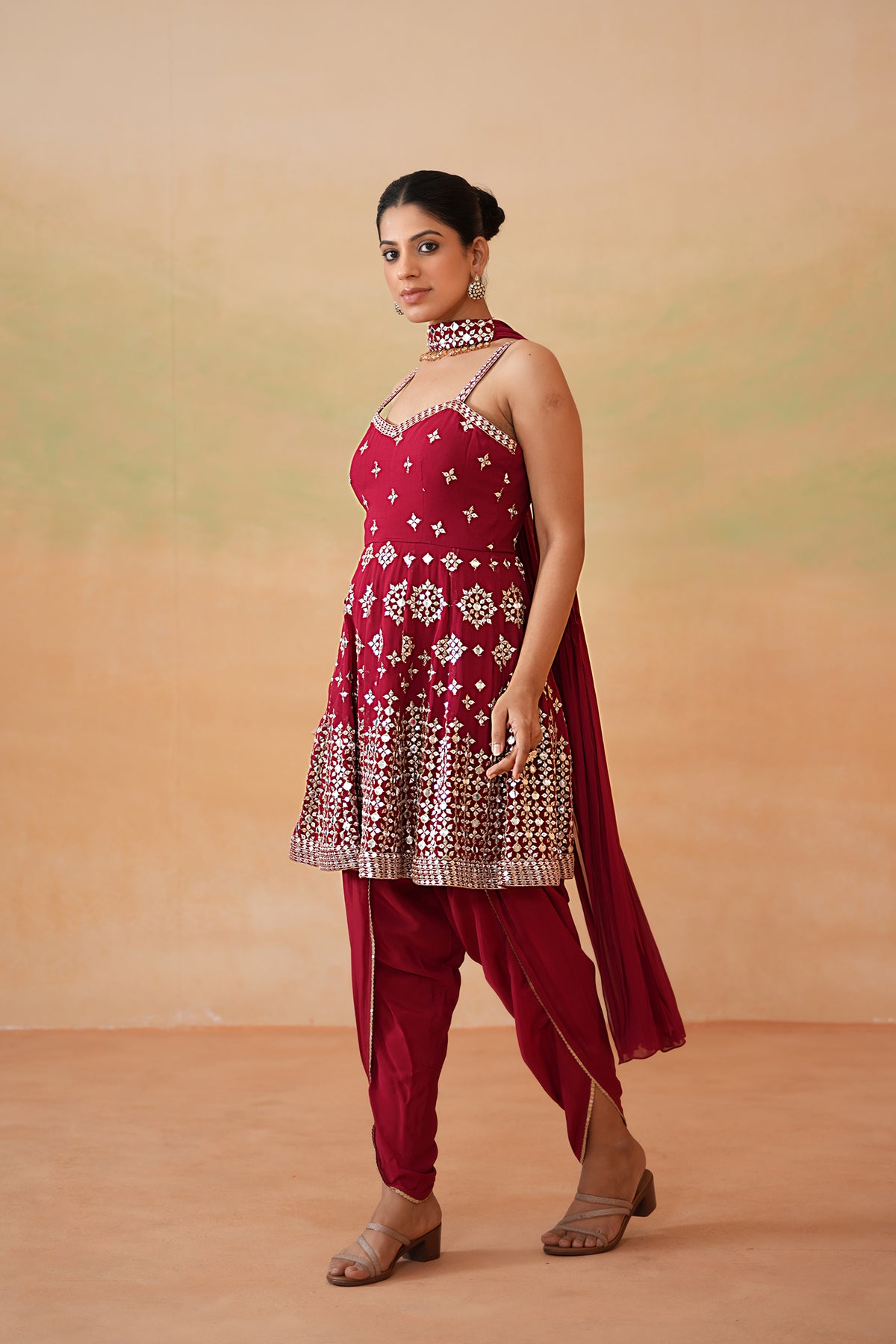 Maroon Embroidery Fabric Peplum Kurti, Tulip Salwar And Choker Dupatta