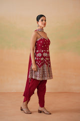Maroon Embroidery Fabric Peplum Kurti, Tulip Salwar And Choker Dupatta