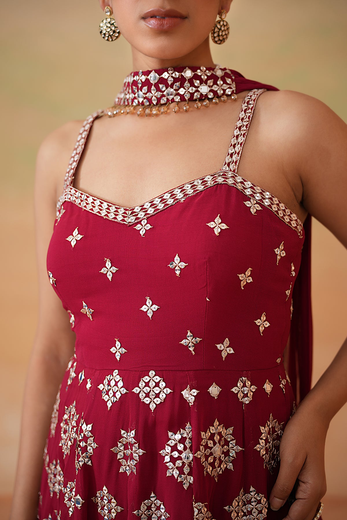 Maroon Embroidery Fabric Peplum Kurti, Tulip Salwar And Choker Dupatta