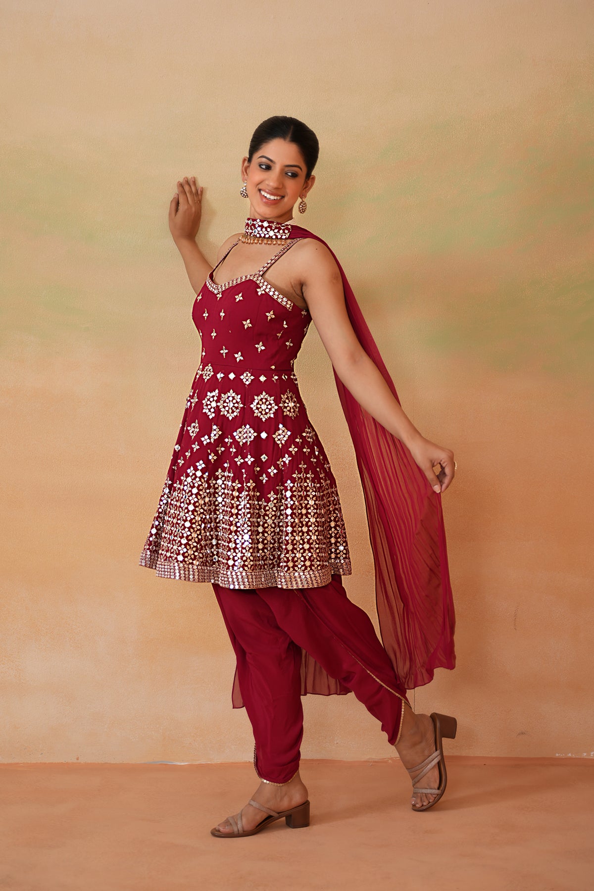 Maroon Embroidery Fabric Peplum Kurti, Tulip Salwar And Choker Dupatta