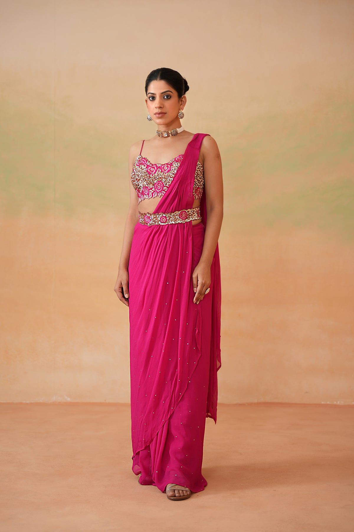 Fuchsia Embroidered Blouse, Drape Saree And Belt