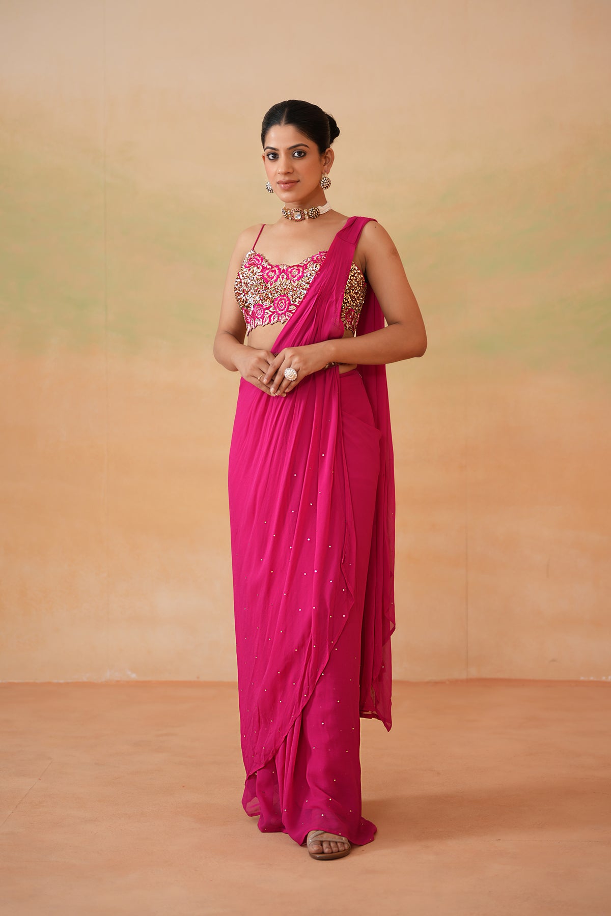 Fuchsia Embroidered Blouse, Drape Saree And Belt