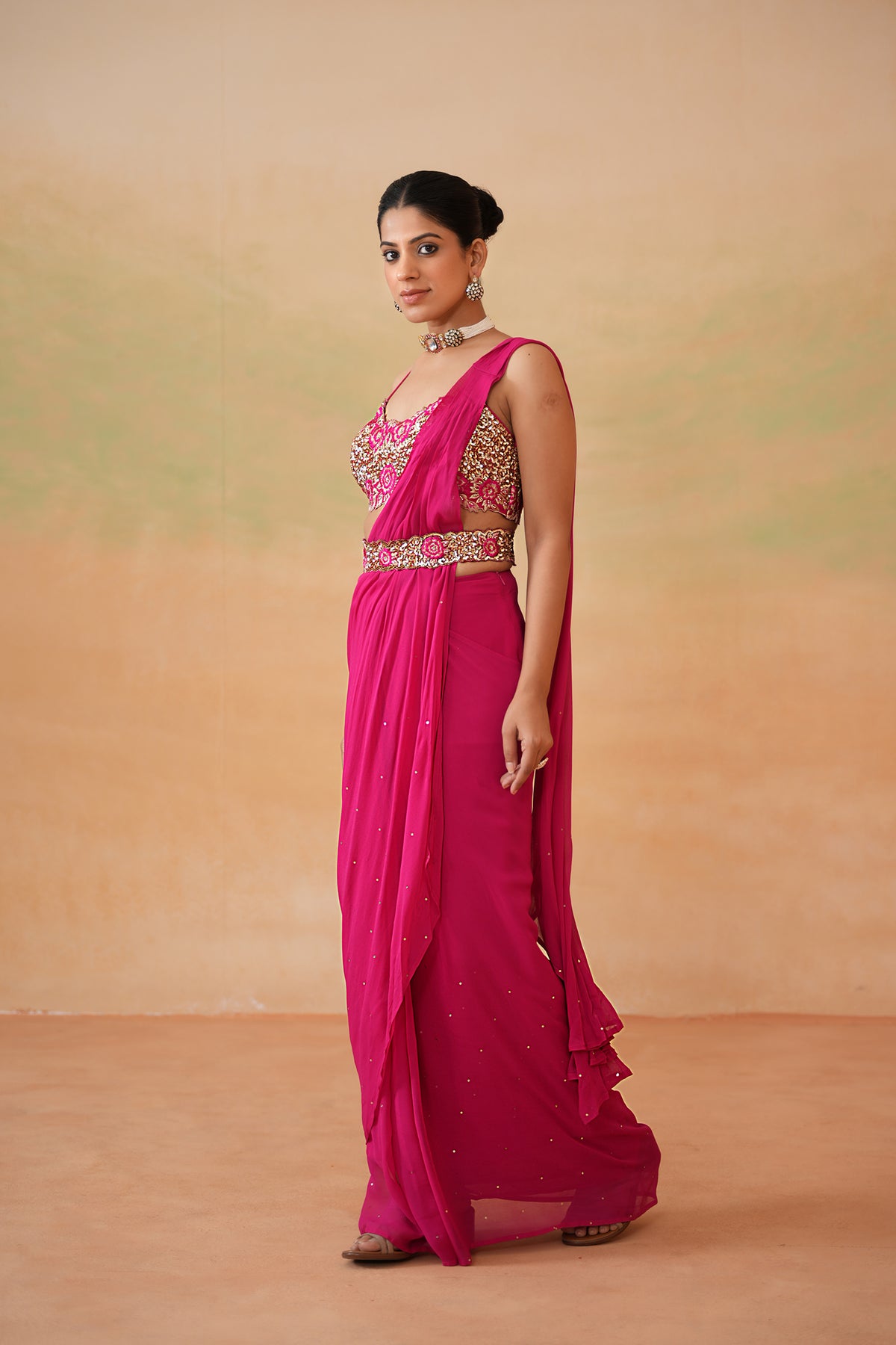 Fuchsia Embroidered Blouse, Drape Saree And Belt