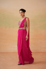 Fuchsia Embroidered Blouse, Drape Saree And Belt