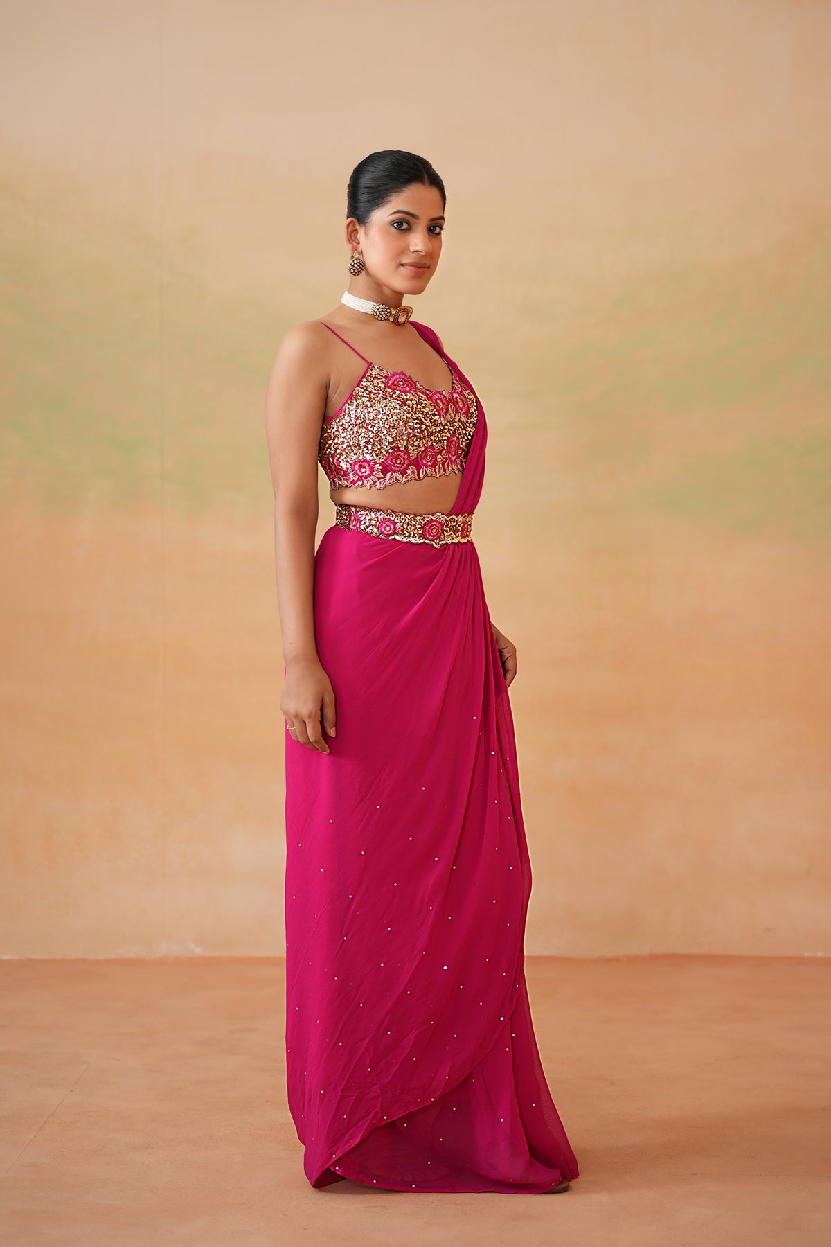 Fuchsia Embroidered Blouse, Drape Saree And Belt