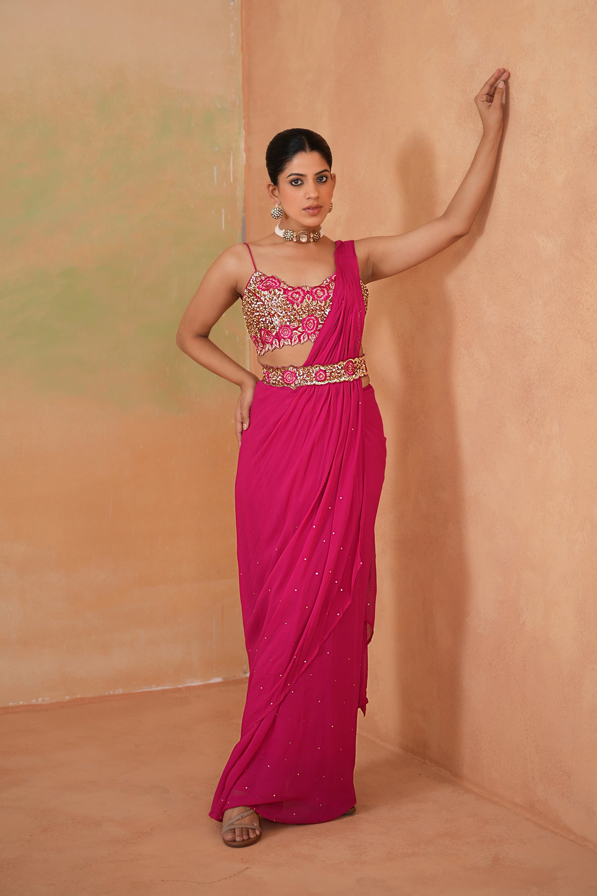 Fuchsia Embroidered Blouse, Drape Saree And Belt