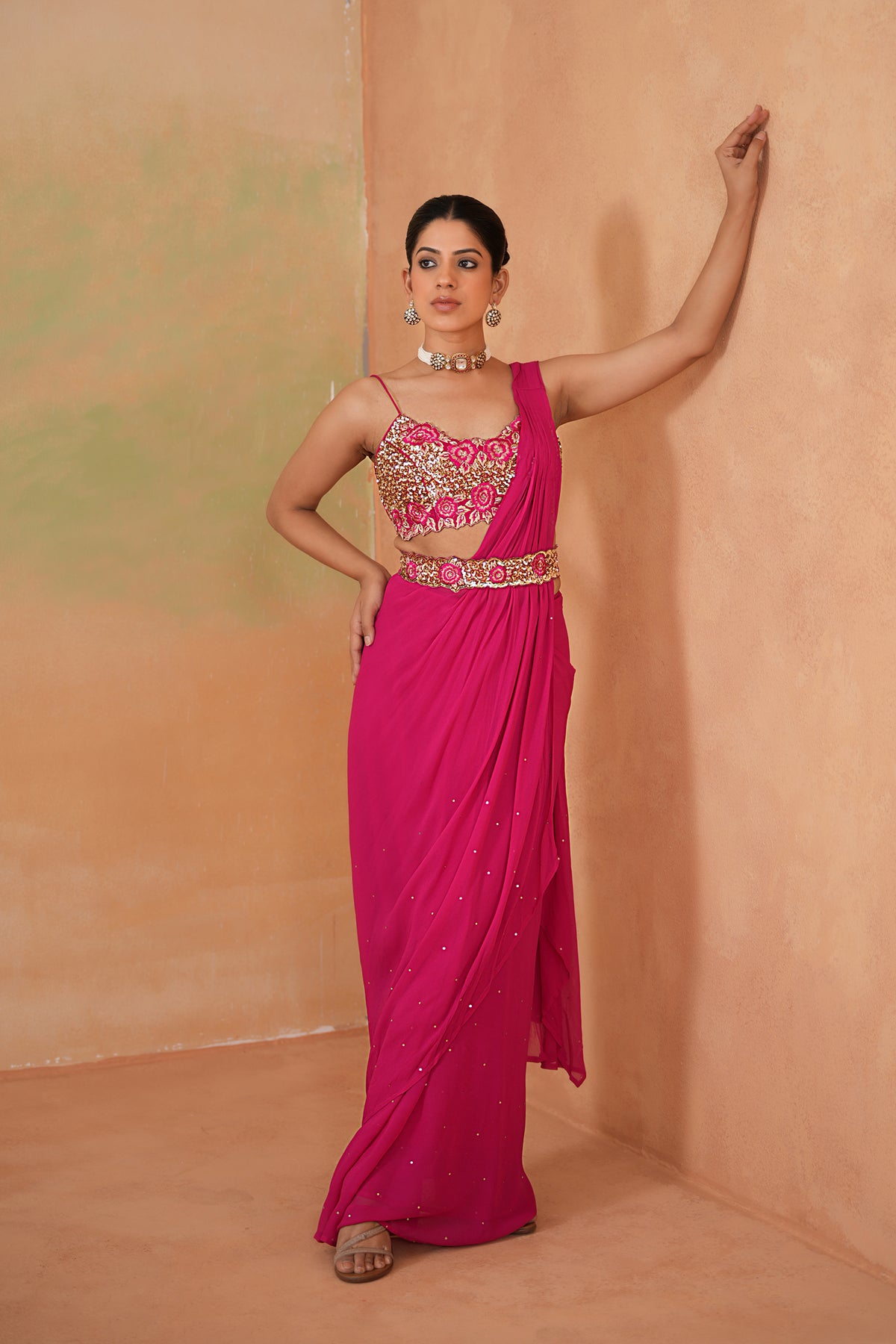 Fuchsia Embroidered Blouse, Drape Saree And Belt