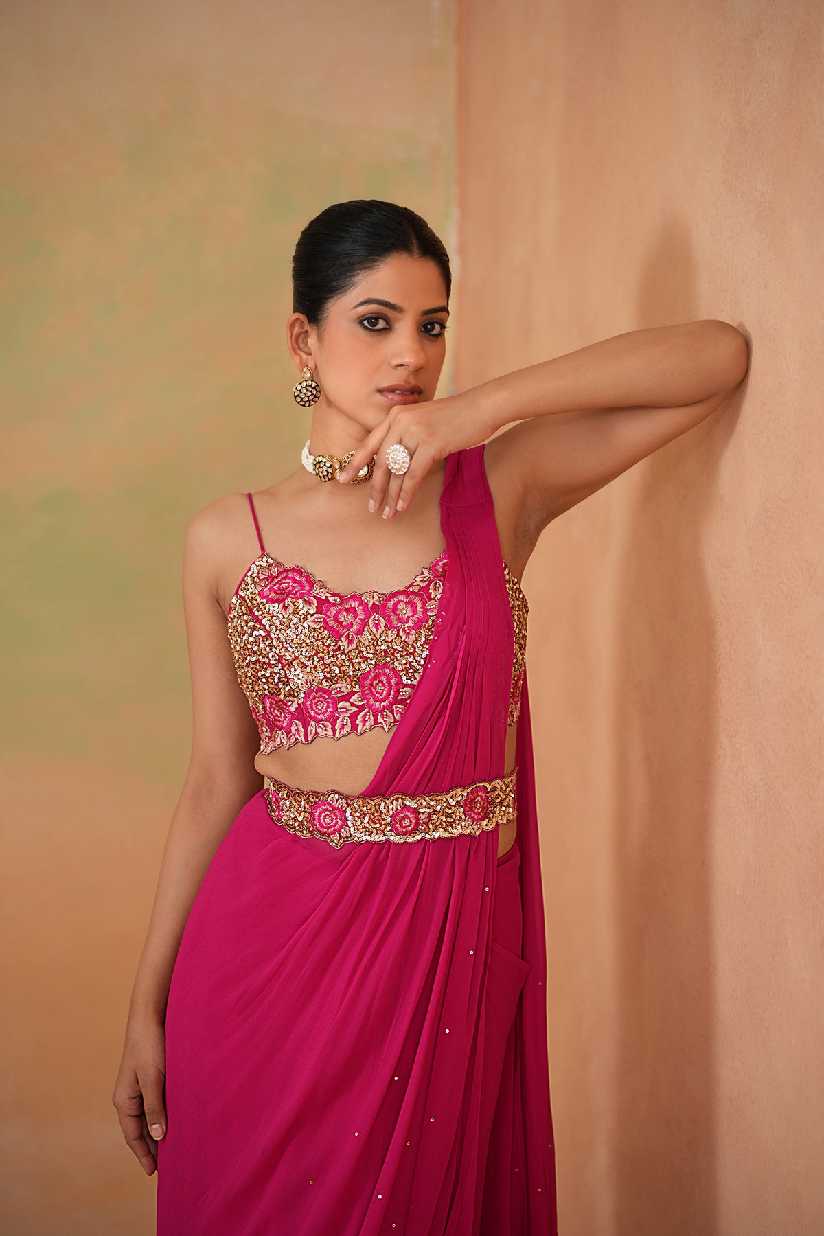 Fuchsia Embroidered Blouse, Drape Saree And Belt