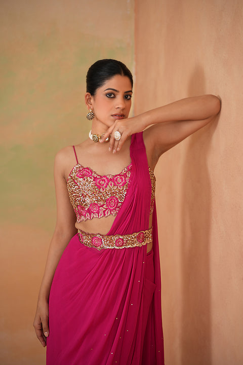Fuchsia Embroidered Blouse, Drape Saree And Belt