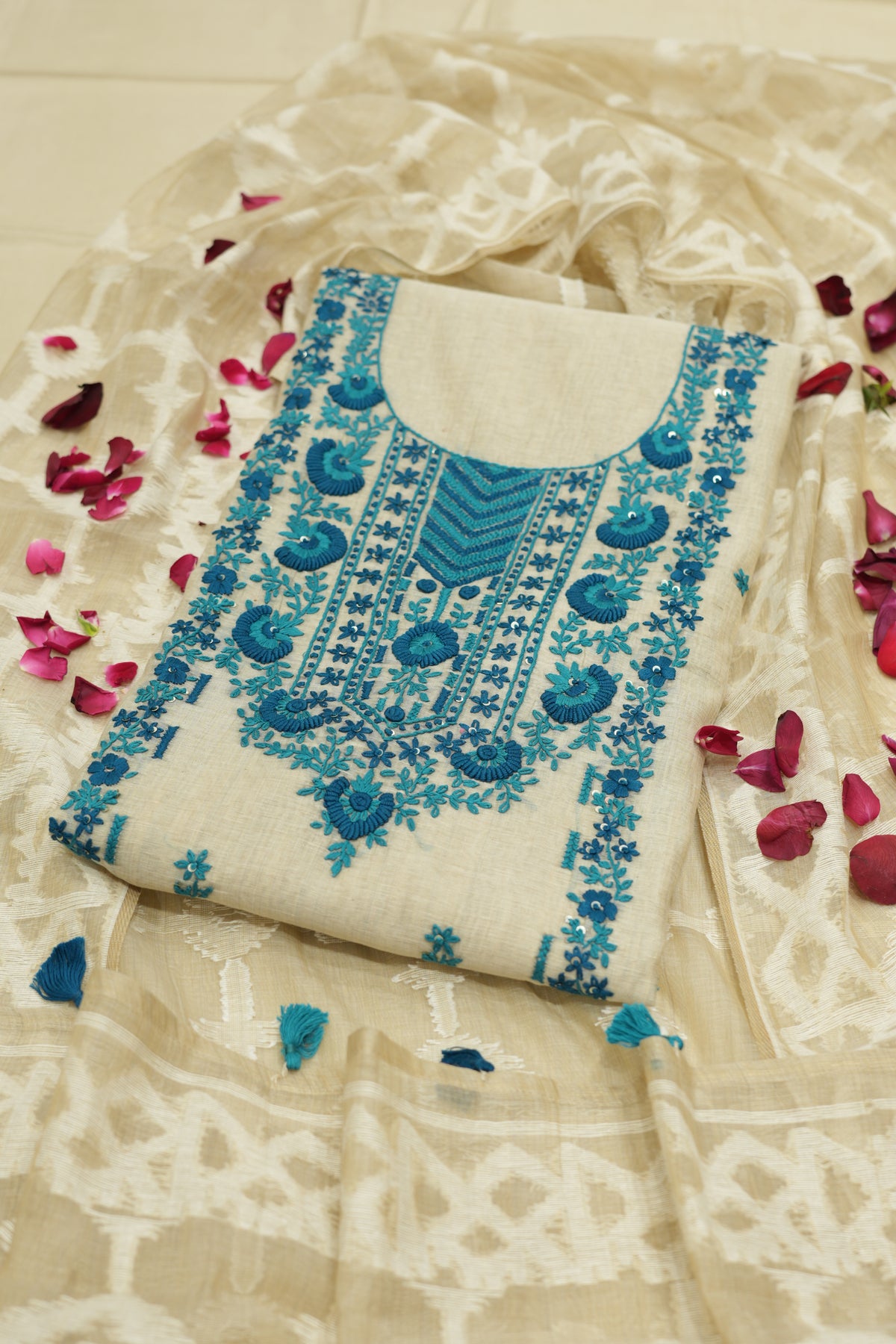 Pure Linen Cotton Suit With Kantha Work