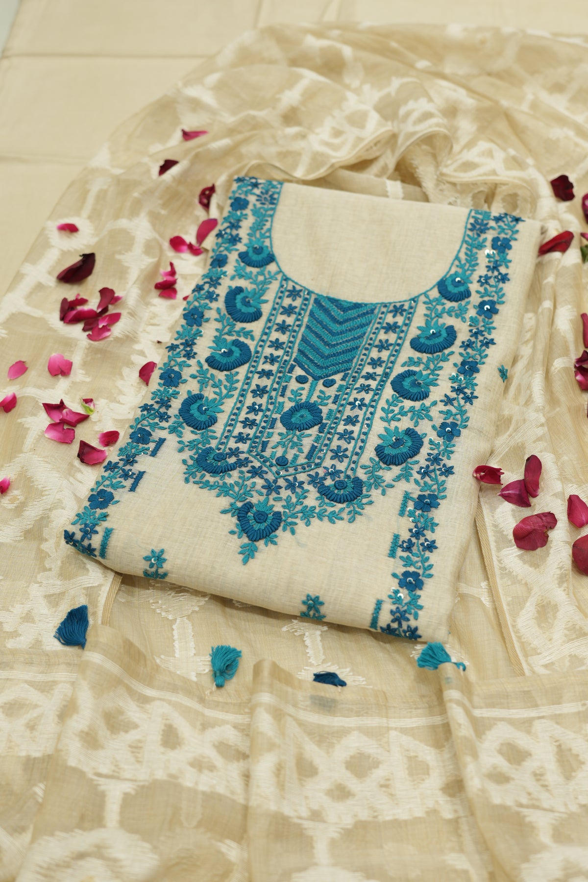 Pure Linen Cotton Suit With Kantha Work