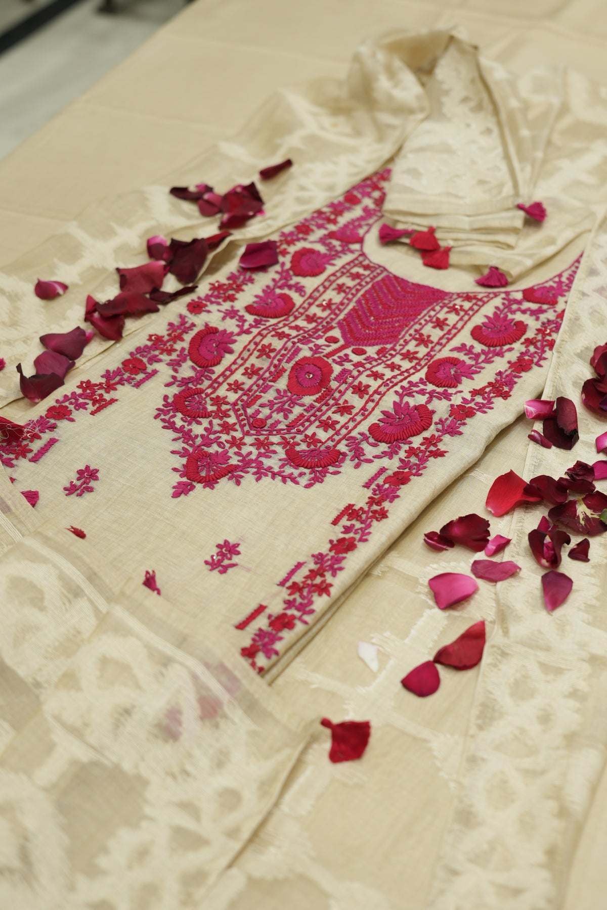 Pure Linen Cotton Suit With Kantha Work