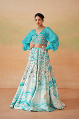 Sky Blue Embroidered Blouse And Tie And Dye Lehenga