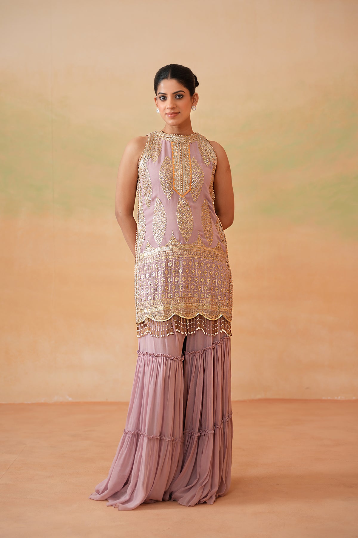 Mauve Ready Fabric Kurti, Garara And Mustard Dupatta