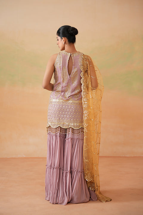Mauve Ready Fabric Kurti, Garara And Mustard Dupatta
