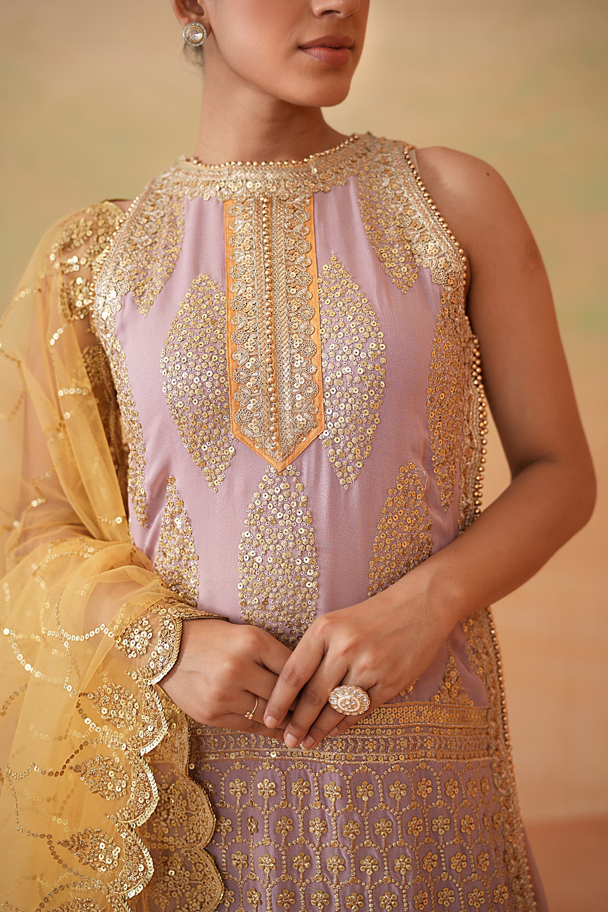 Mauve Ready Fabric Kurti, Garara And Mustard Dupatta