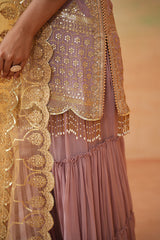 Mauve Ready Fabric Kurti, Garara And Mustard Dupatta
