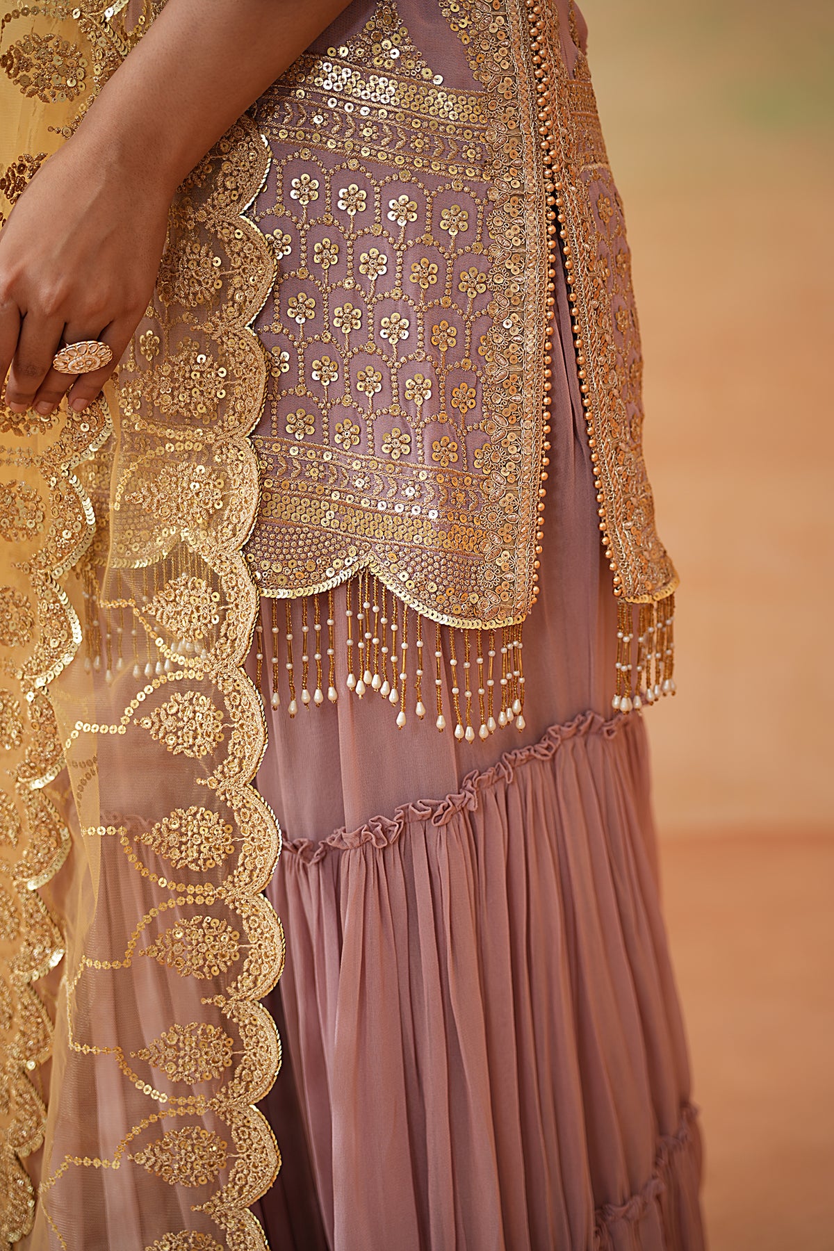Mauve Ready Fabric Kurti, Garara And Mustard Dupatta
