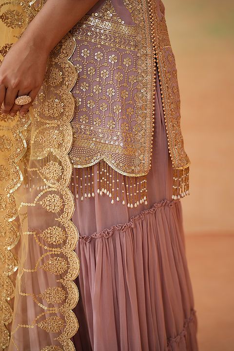 Mauve Ready Fabric Kurti, Garara And Mustard Dupatta